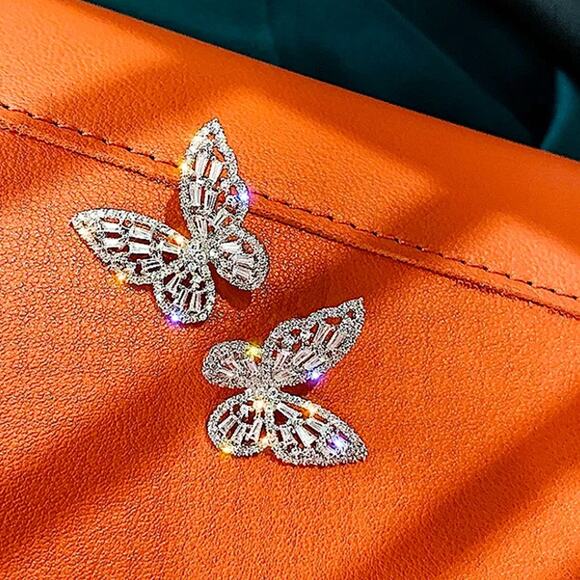 Platinum Butterfly Matching Zircon Necklace Earrings Ring Silver Set - Picture 6 of 10